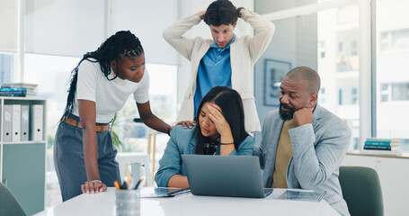 Woman, stress and crisis with team, laptop and stock market trading with support for mistake at...