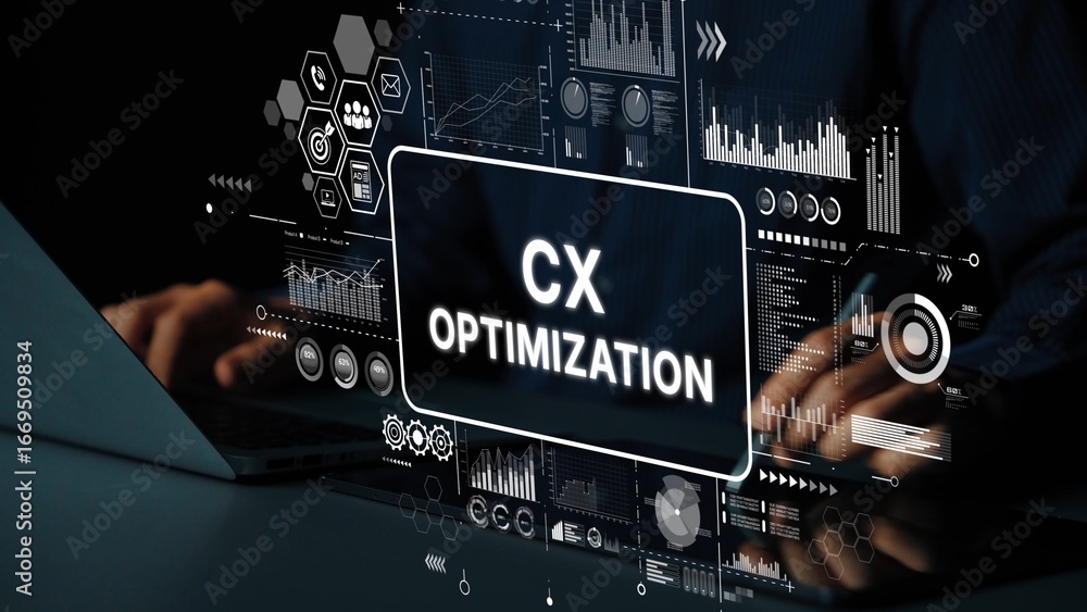 Poster innovative graphic depicting cx optimization with data analytics and digital interfaces for business