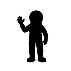 A black silhouette of an astronaut waving hello on a white background