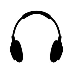 Black silhouette of over ear headphones, listening device for music on white