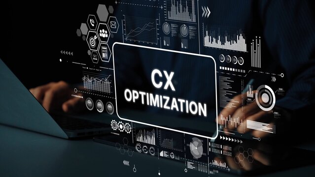Innovative Graphic Depicting CX Optimization with Data Analytics and Digital Interfaces for Business Enhancement. Asymptotic smart data analytic.