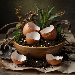 Eggshell garden with plants and potting soil symbolizing new beginnings and spring growth