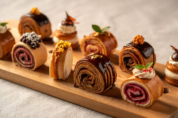 Elegant selection of rolled pastries on wooden board delicious and visually appealing dessert assortment