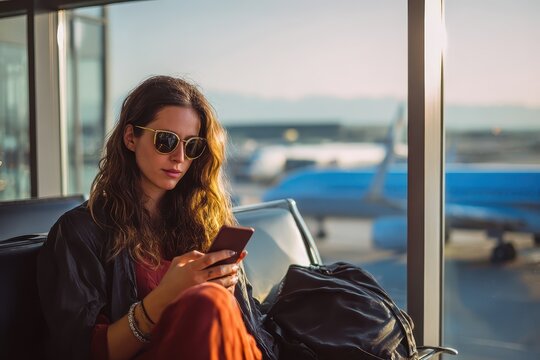 Woman at airport terminal using mobile phone while waiting for flight during late afternoon
