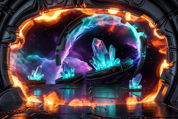 Interdimensional Crystal Portal to another Galaxy Featuring Glowing Crystals and Celestial Background