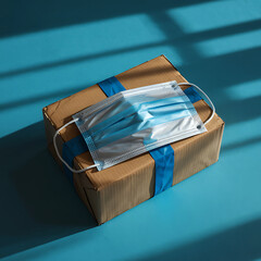 Safe Delivery Concept Cardboard Box with Blue Protective Face Mask on Blue Background