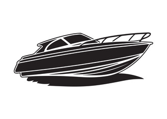Racing Speed Boat Black Silhouette Vector Illustration on Water.