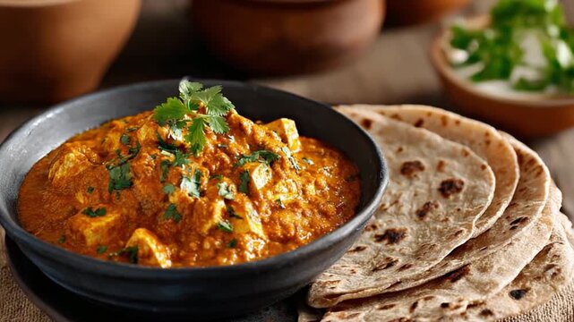 Butter Paneer with Chapati: This image showcases a rich, inviting plate of Butter Paneer, garnished with fresh herbs, served alongside freshly made chapatis.