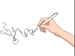 image features a minimalist black and white digital illustration of a hand holding a pen, scribbling a complex, looping line in a plain white background.