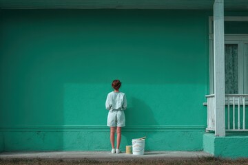 Woman undertakes home renovation by painting a green wall in a quiet neighborhood during the day while standing alone with a paint bucket beside her