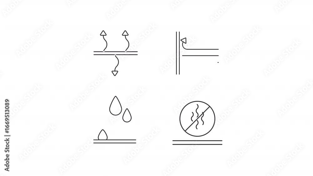 Poster resistant fabric line animation set. material features animated icons. water repellent, windproof. b