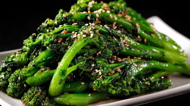 Broccolini with Sesame Seeds: A vibrant, close-up shot showcases a plate of fresh, perfectly cooked broccolini, glistening with a light glaze, generously sprinkled with toasted sesame seeds.