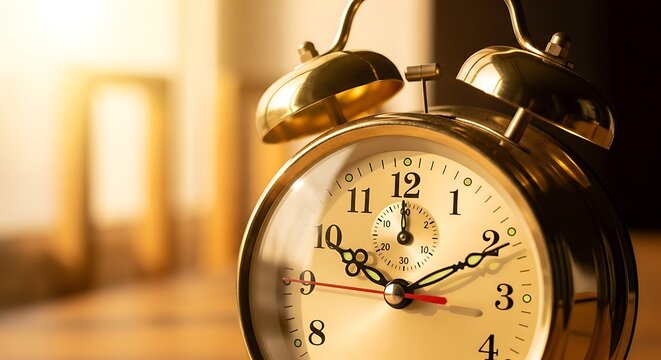 Close-up of classic golden alarm clock glowing in warm sunlight, retro time concept, minimal productivity and morning routine theme