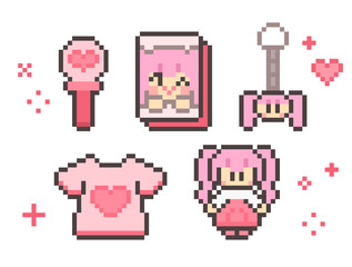 Cute Pixel Art Icon Set of K-Pop Idol Goods Including a Lightstick, Photocard, and Keyring. K-Pop Fan Culture and Merchandise Concept Icons