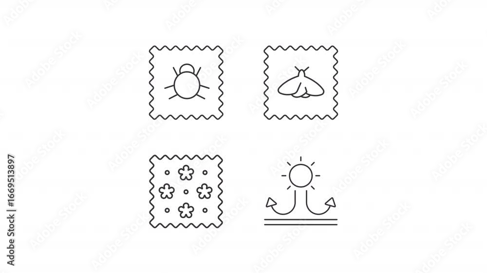 Poster material protection line animation set. fabric insect animated icons. moth repellent, dustmite proof