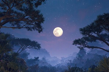 Lush night forest with a full moon