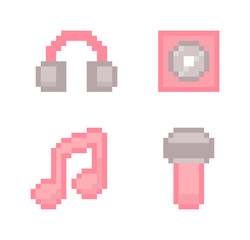 Cute Pixel Art Icon Set of Music Symbols in Pink and Gray, Including Headphones, CD, and a Microphone. Music and Audio Concept Icons