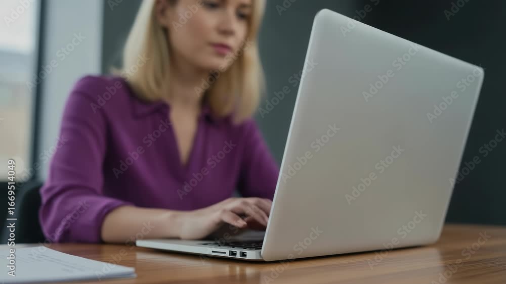 Poster focused woman working on a laptop computer in a modern office setting, typing on the keyboard while 