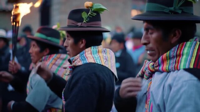Indigenous men in traditional attire with colorful scarves and hats at a cultural event, carrying a torch