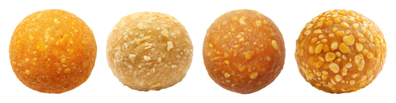 Four laddu isolated on a transparent background