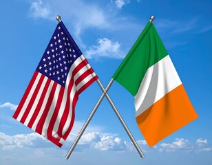 Two flags, USA and Ireland, crossed against a bright blue sky with fluffy white clouds