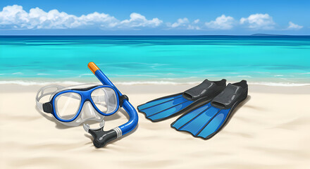 Beach gear, diving mask, fins, and snorkel resting on the sand near the water. Ready to explore the underwater world by a clear ocean scene.
