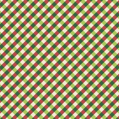 A seamless small-scale plaid or gingham pattern with a diagonal layout. The colors are festive and vintage-inspired, featuring dark green, muted red, and light beige.
