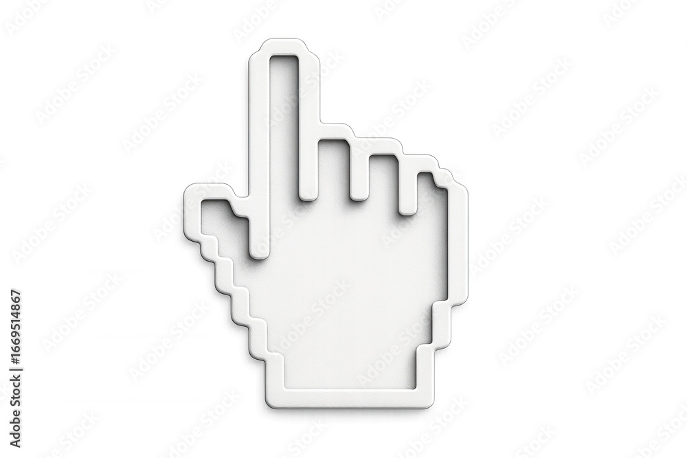 Poster white pixelated hand cursor pointing upward, digital interface element rendered in 3d, floating agai