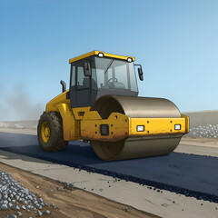 Fototapeta premium Yellow construction road roller operating on a paved road surface. Heavy equipment professional working on road construction project in the desert.