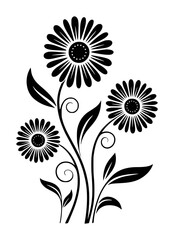 Black and white illustration of three stylized flowers with leaves and swirls daisy