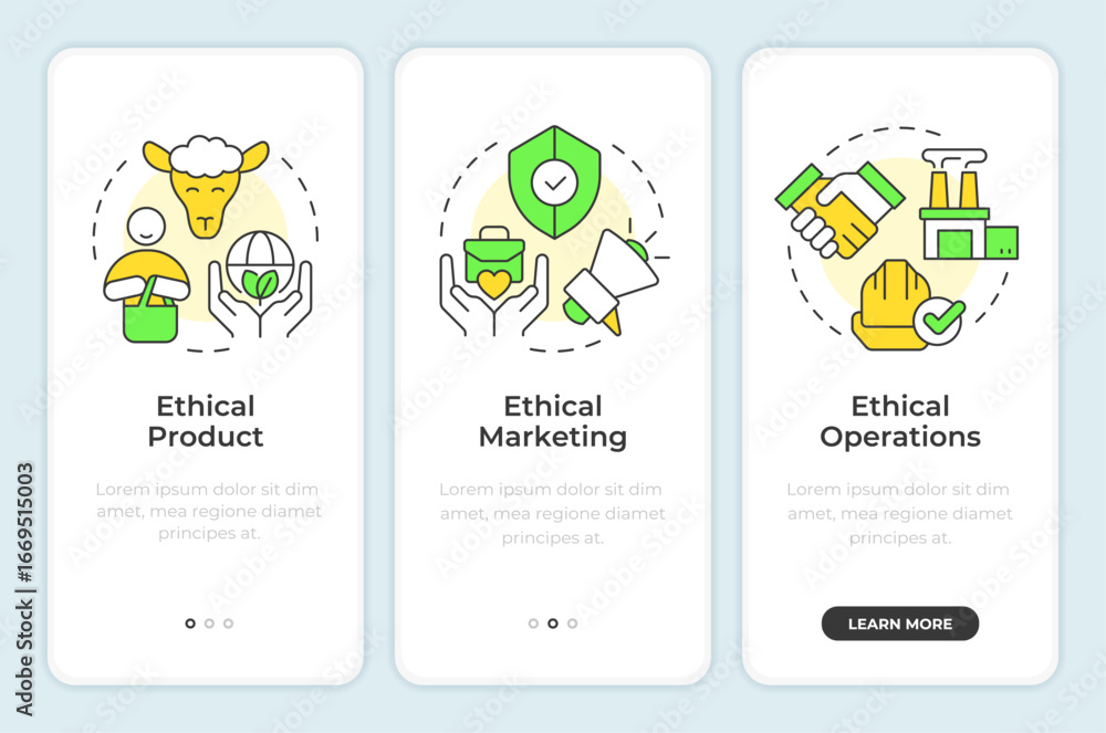 Poster types of ethical business practices onboarding mobile app screen. walkthrough 3 steps editable graph