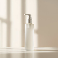 Cosmetic glass mist bottle with reflective spray nozzle and photorealistic lighting on white