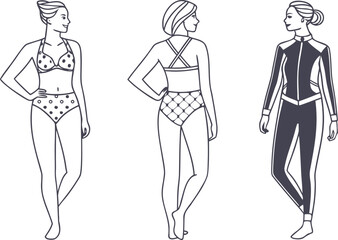 Vector art of stylish swimwear and athletic bodysuit for women, front and back views