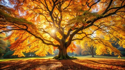 Magnificent ancient oak tree in full autumn glory, bathed in golden sunlight with vibrant orange and yellow leaves