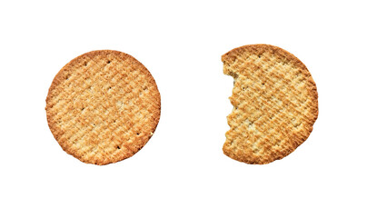 Transparent PNG image showing a whole biscuit and a bitten biscuit side by side. Ideal for snack promotions, food blogs, and packaging design projects.