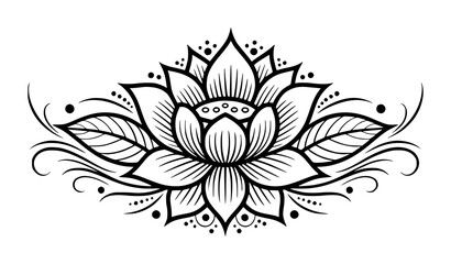 Intricate Black And White Lotus Flower Design With Swirls And Dots floral decorative
