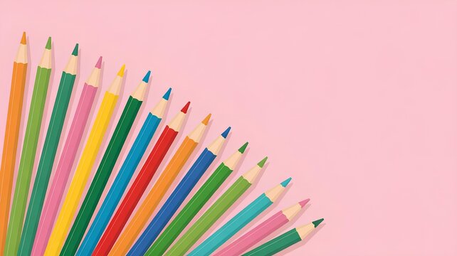  Background with a frame made of colored pencils arranged in a corner on a pink background with space for text. Background on the theme Back to School