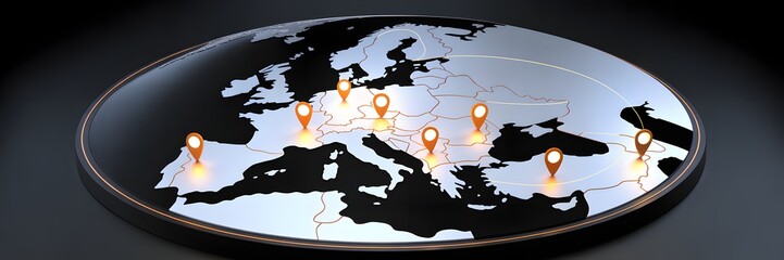 European Map with Pinpoint Locations: A stylized, modern map of Europe features luminous pinpoint markers indicating key locations.