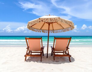 Two lounge chairs sit beneath a beach umbrella on a pristine, white sand beach overlooking a turquoise ocean under a vibrant blue sky