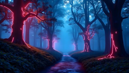Enchanted Forest Neon Glow and a Mystical Stream at Twilight Luminous Woods A Vibrant Riverbed Through an Otherworldly Grove Path of Light A Surreal Forest with Glowing Trees and Foggy Mist Ethereal