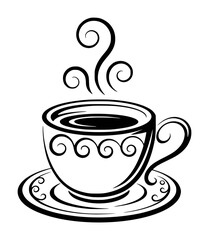 Steaming Coffee Cup with Ornate Swirls and Saucer Line Art hot drink beverage