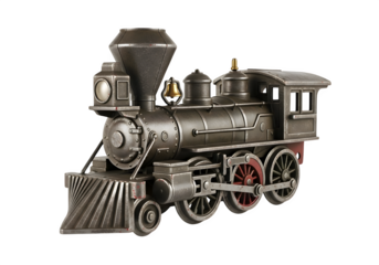 Vintage steam locomotive model isolated on transparent background, showcasing classic railroad transportation and the power of industrial technology