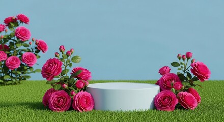 Stunning pink roses framing a product display on vibrant green grass