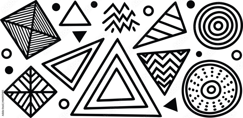 Poster vector art of geometric abstract pattern with triangles, squares, and circles in black and white