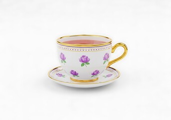 Fototapeta premium Teacup with Purple Flowers on White Background