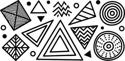Vector art of geometric abstract pattern with triangles, squares, and circles in black and white