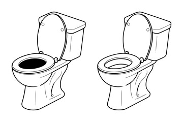 Two black and white line art illustrations of toilets one with lid up one with lid down