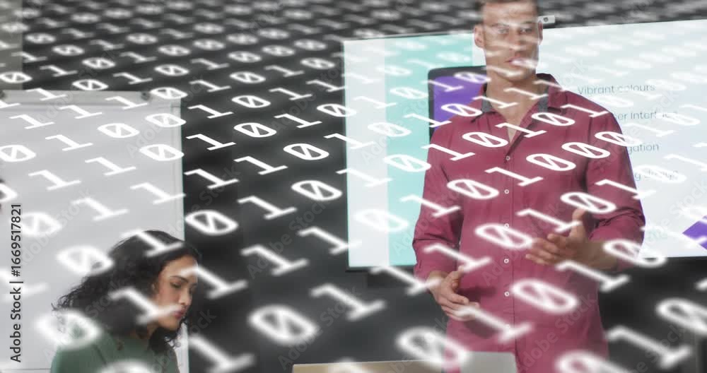 Aufkleber presenter clicking remote and presenting tech slide while teammate typing under binary data overlay