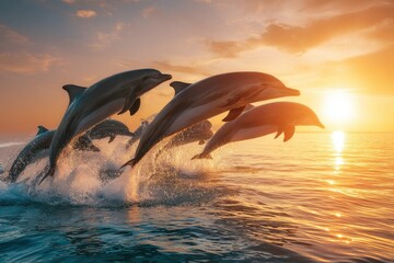 Fototapeta premium Dolphins leap gracefully against the backdrop of a vibrant sunset over the ocean, showcasing their playful nature in a stunning display of marine wildlife