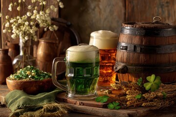 Celebrating St Patricks Day with green beer, festive decorations, and traditional elements in a cozy setting